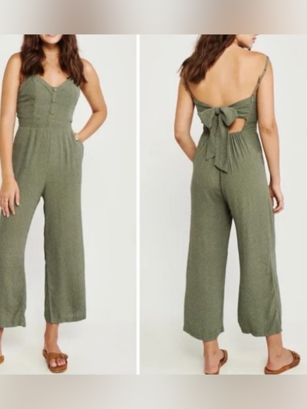 Abercrombie & Fitch Earthy Boho Button Front Tie Back Jumpsuit Green White Dot